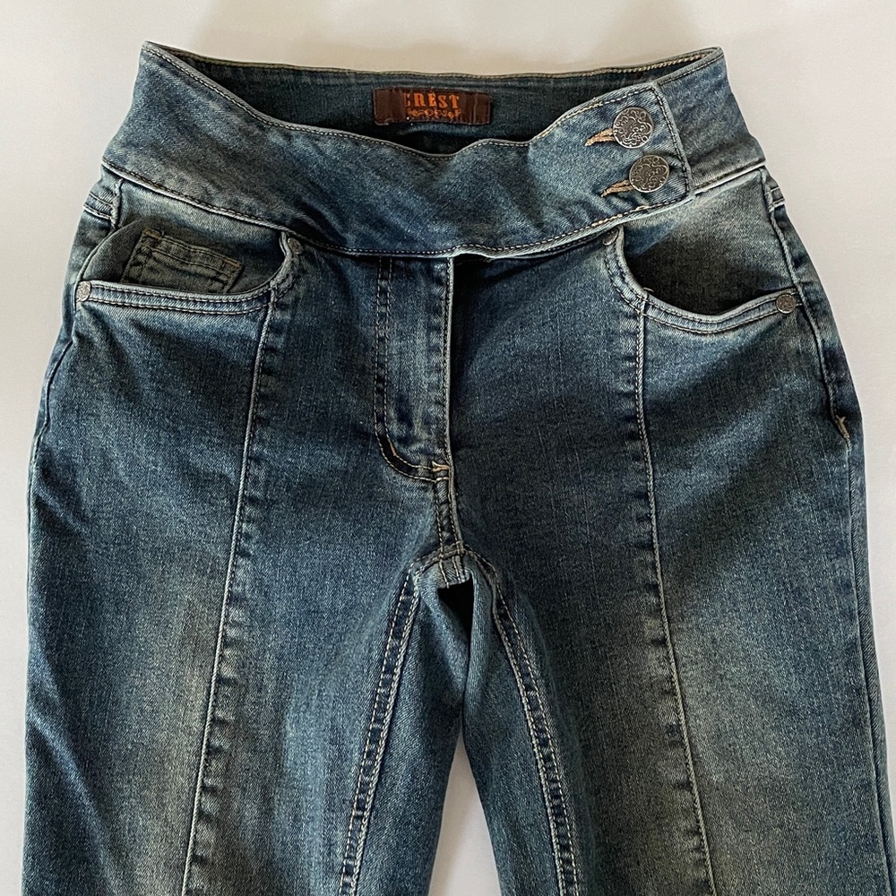 Crest Pull On Jeans Straight Boot Mid Rise Zipper Fly Premium Stretch